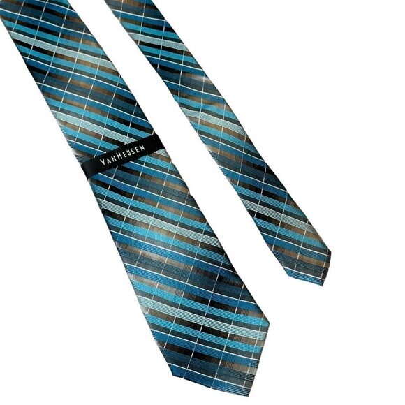 Van Heusen Mens Designer Tie 100% Silk Blue Gray Plaid Checks Necktie Dad Gift - Picture 1 of 6